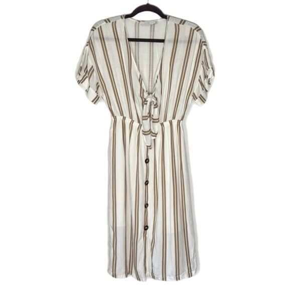 Lush Tan White Stripe Short Sleeve Tie Front Dress - Picture 1 of 4